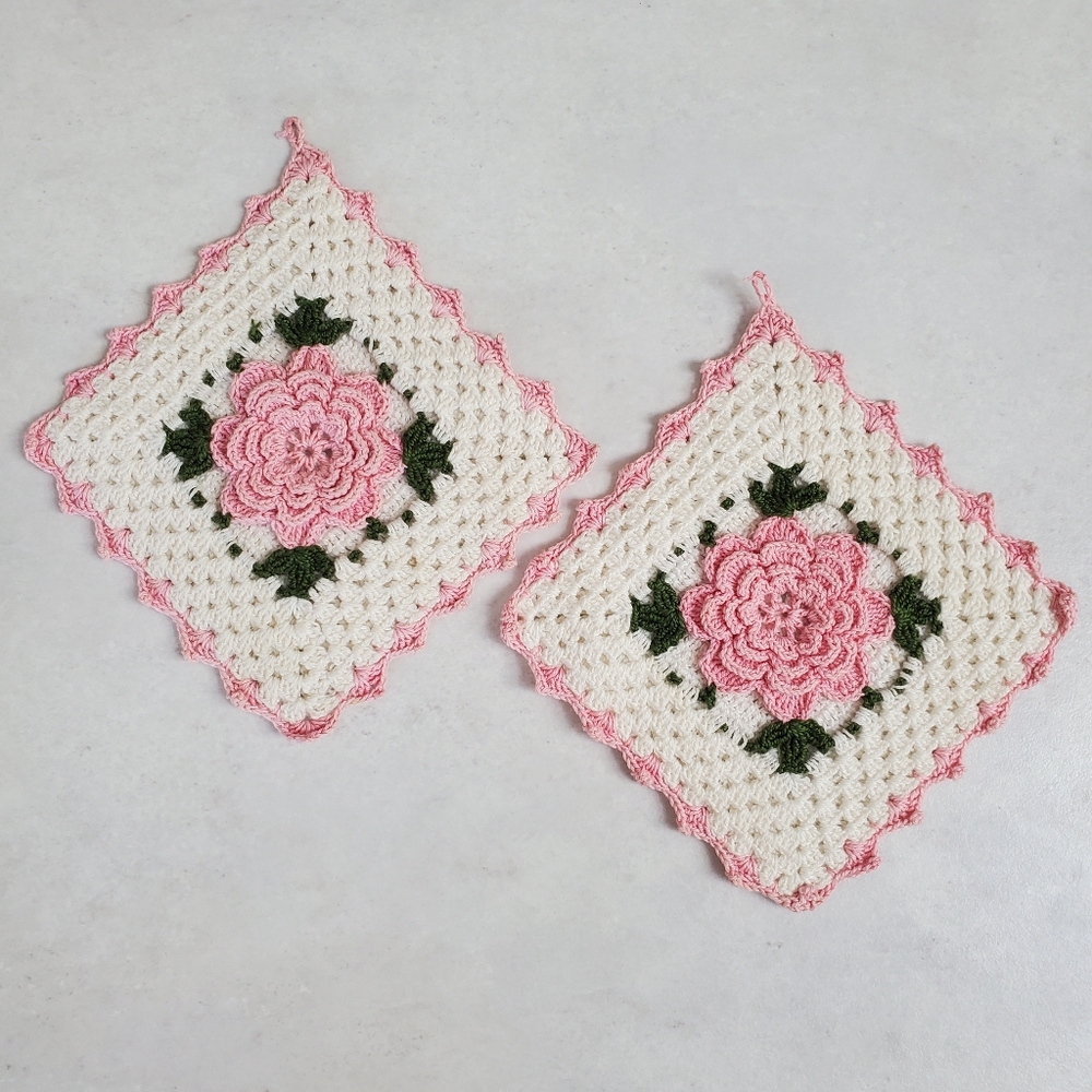Vintage Granny Square Potholder Set of 2 Hotpads Hand Crochet Rose Cottage Core